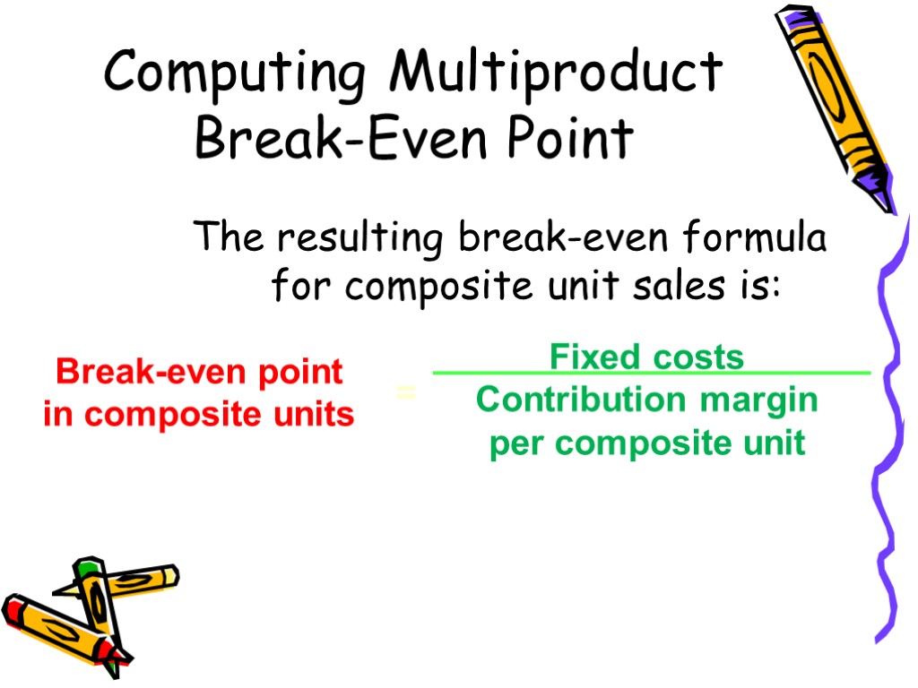 The resulting break-even formula for composite unit sales is: Break-even point in composite units